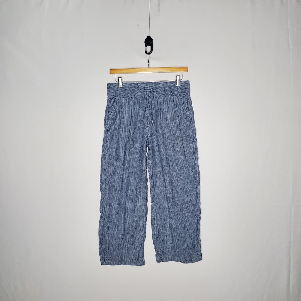 H&M Linen Cotton Crop Pants Women 6 Blue Drawstring Coastal Beachy Minimal